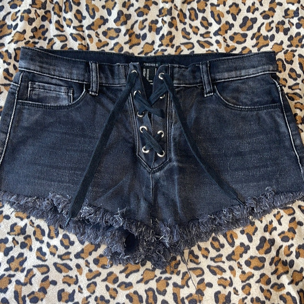 Black denim shorty shorts